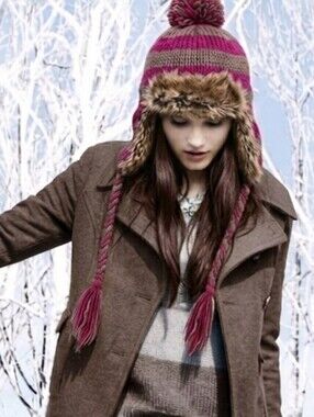 American Eagle Trapper Hat Striped Wool Alpaca Faux Fur Brown Pink Knit Winter